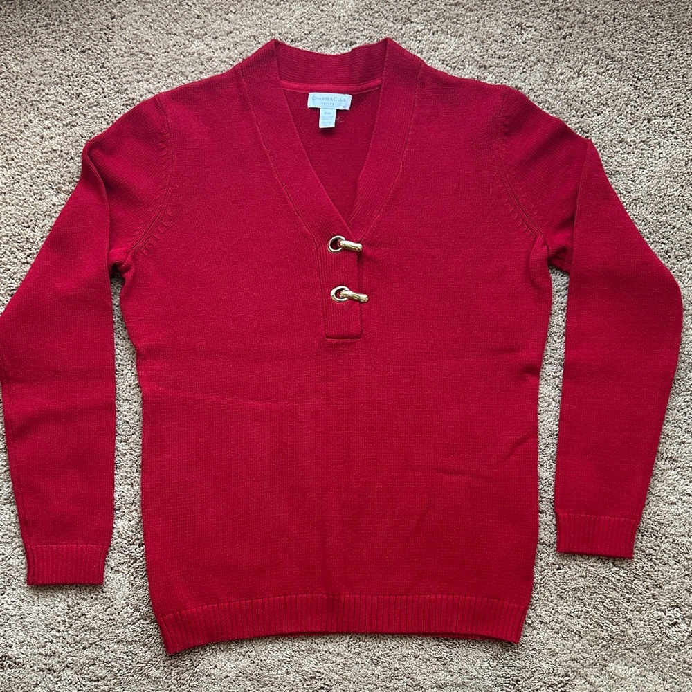 Charter Club petite red sweater with gold hardware details